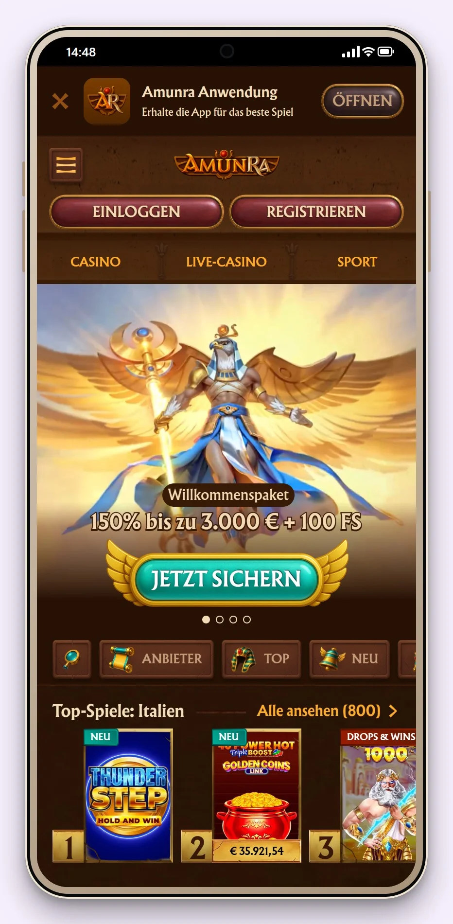Revolut Casinos: die Startseite des Casinos AmunRa