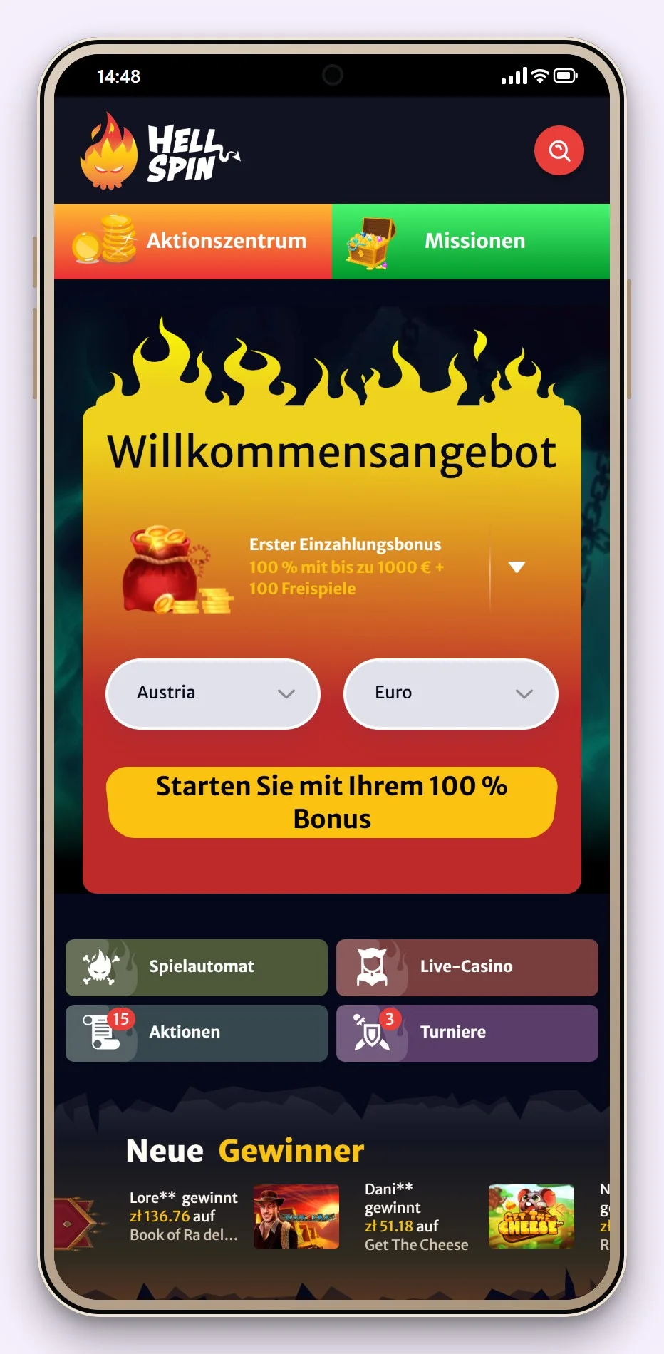 Casino mit Revolut: die Startseite des Casinos HellSpin