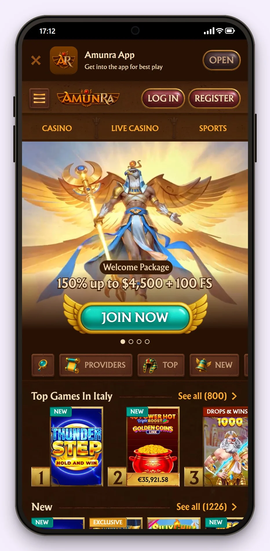revolut casino: the AmunRa casino lobby