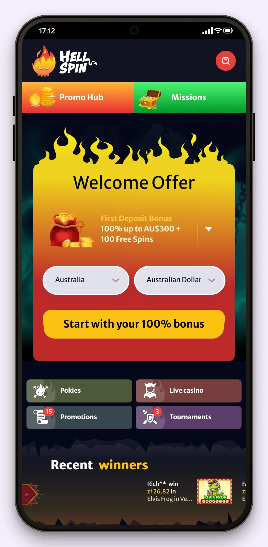 revolut casinos: the HellSpin casino lobby