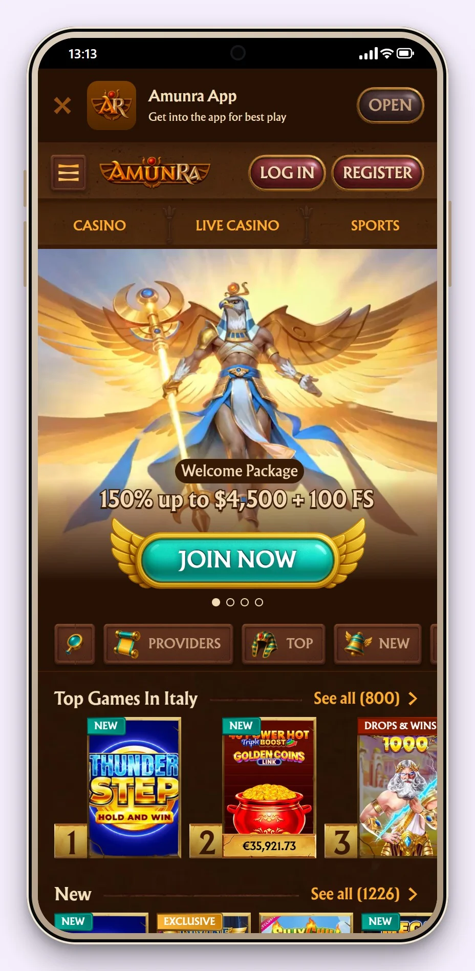 revolut casino: the AmunRa casino lobby
