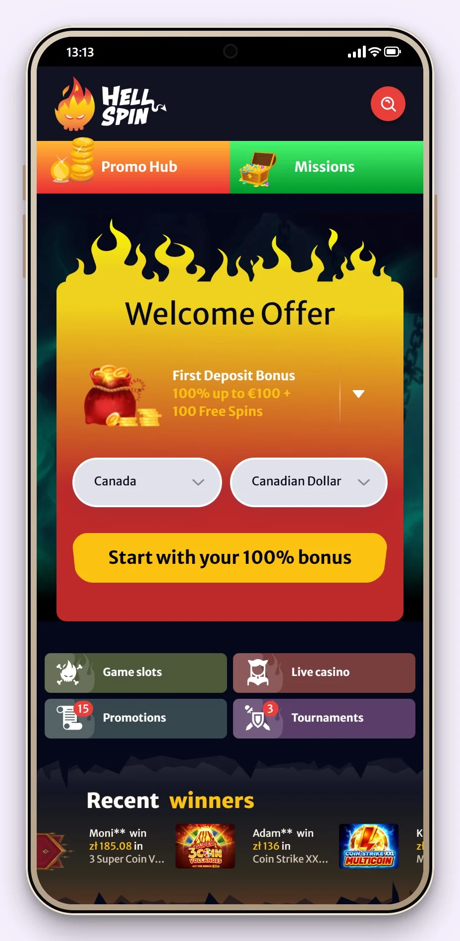 revolut casinos: the HellSpin casino lobby