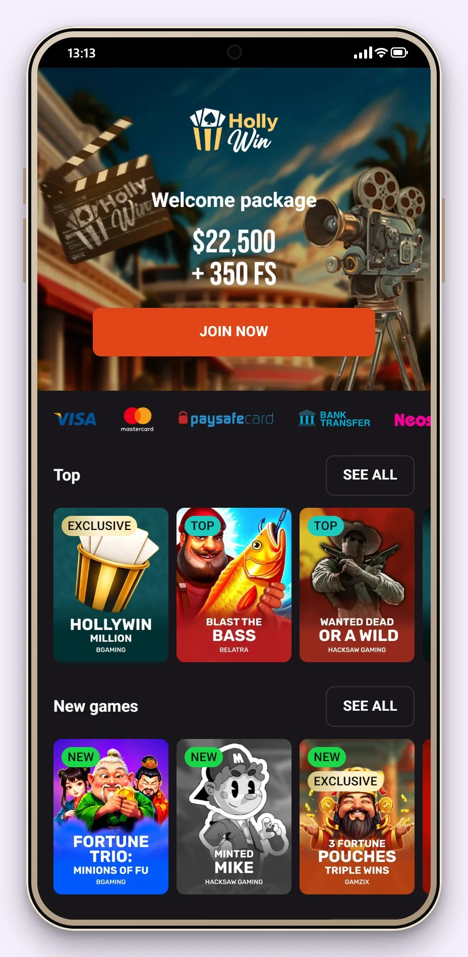 online casino revolut: the Hollywin casino lobby