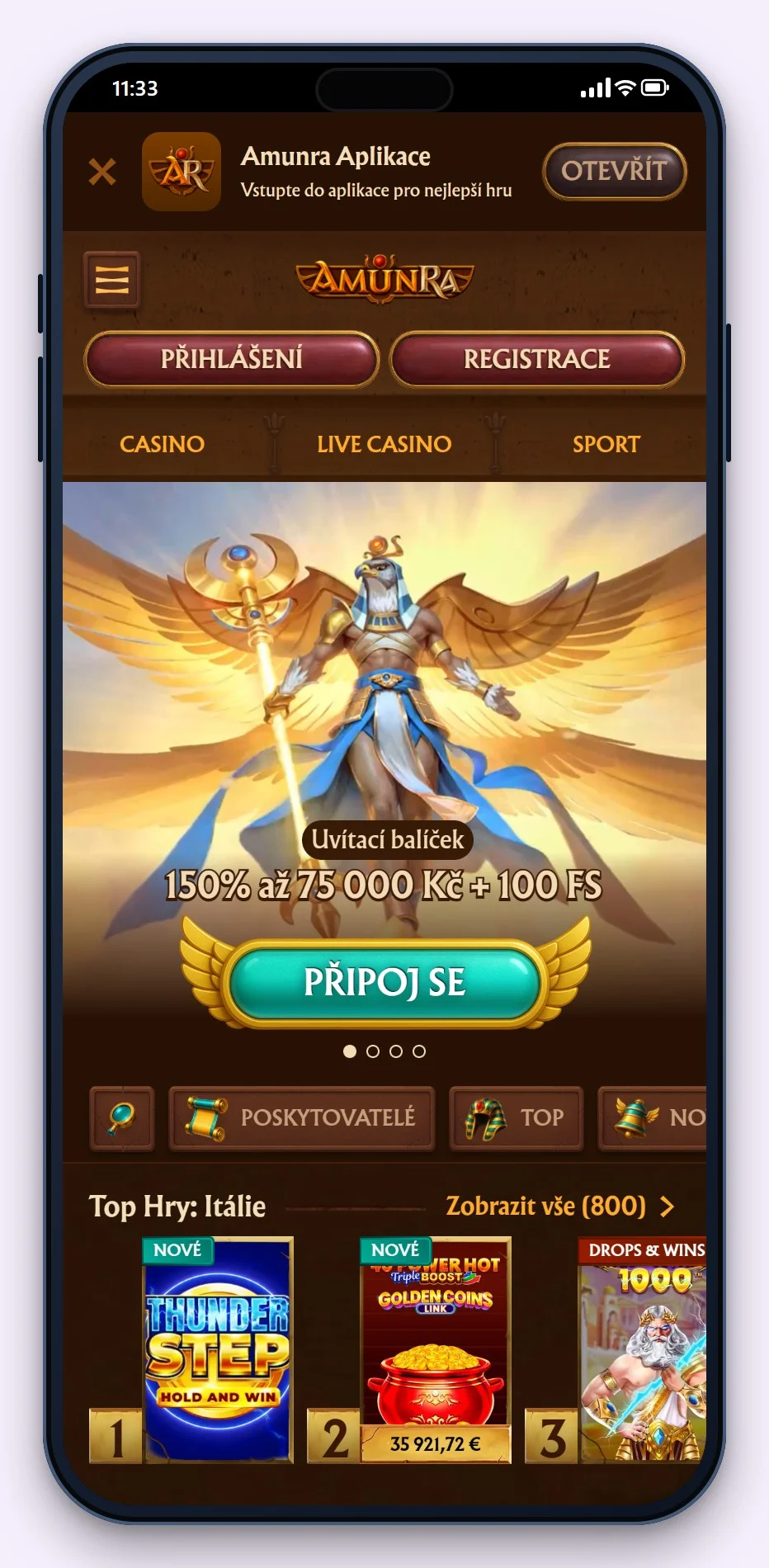 casino revolut: úvodní stránka kasina AmunRa