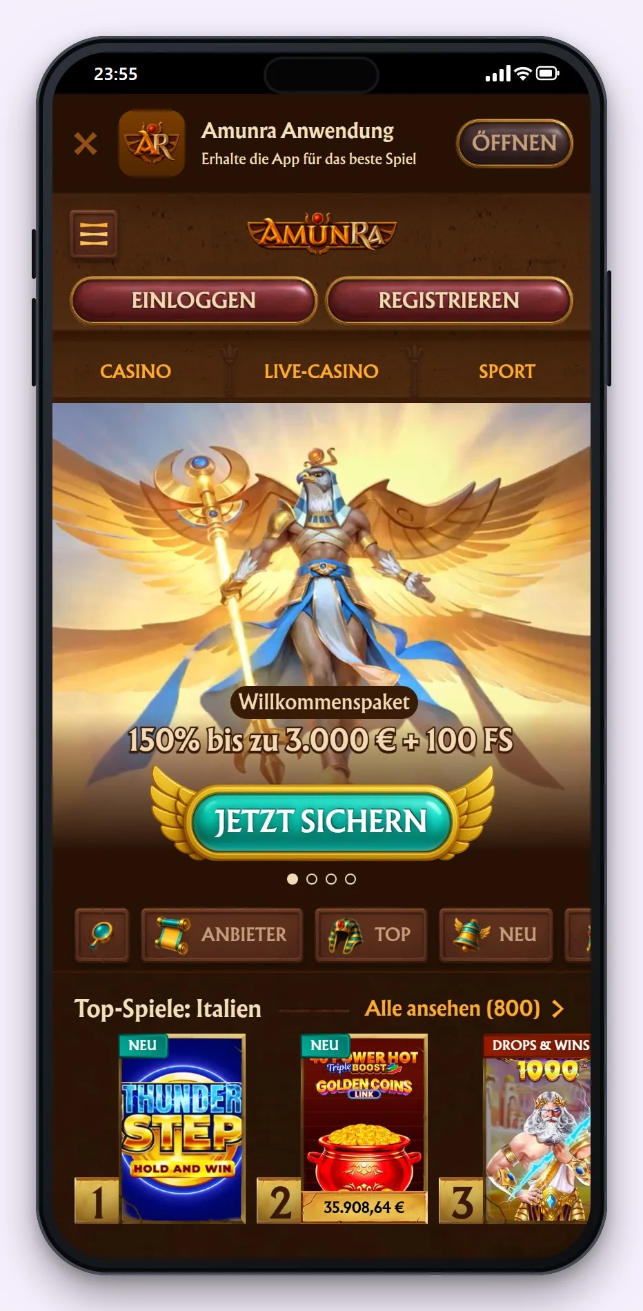 Revolut Casino: die Startseite des Casinos AmunRa