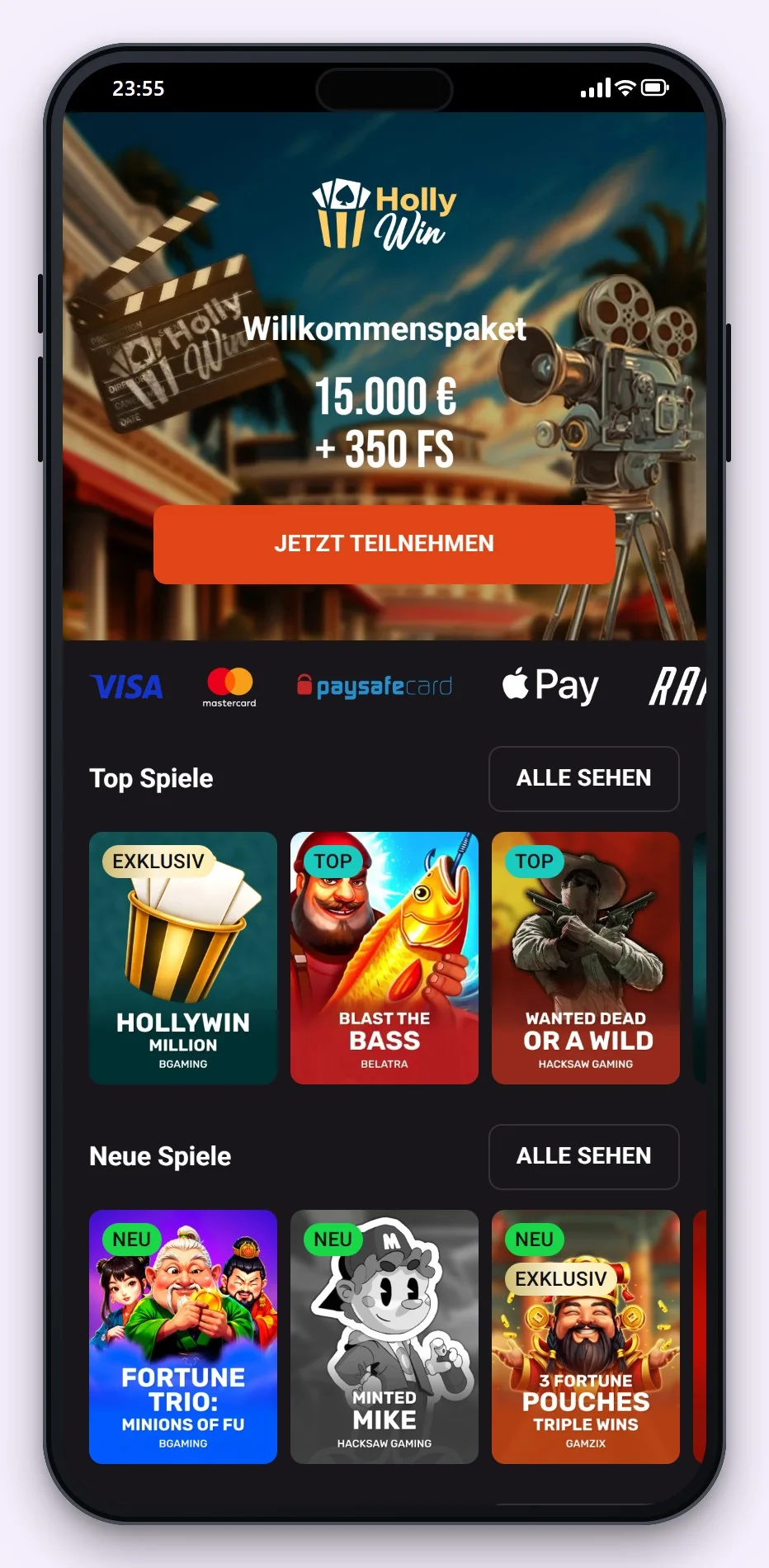 Revolut Casinos: die Startseite des Casinos Hollywin