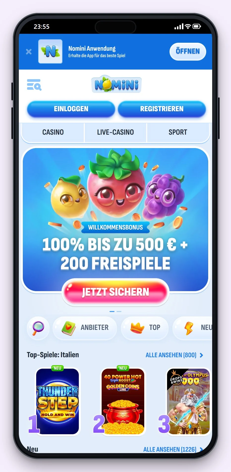 Casino mit Revolut: die Lobby von Nomini