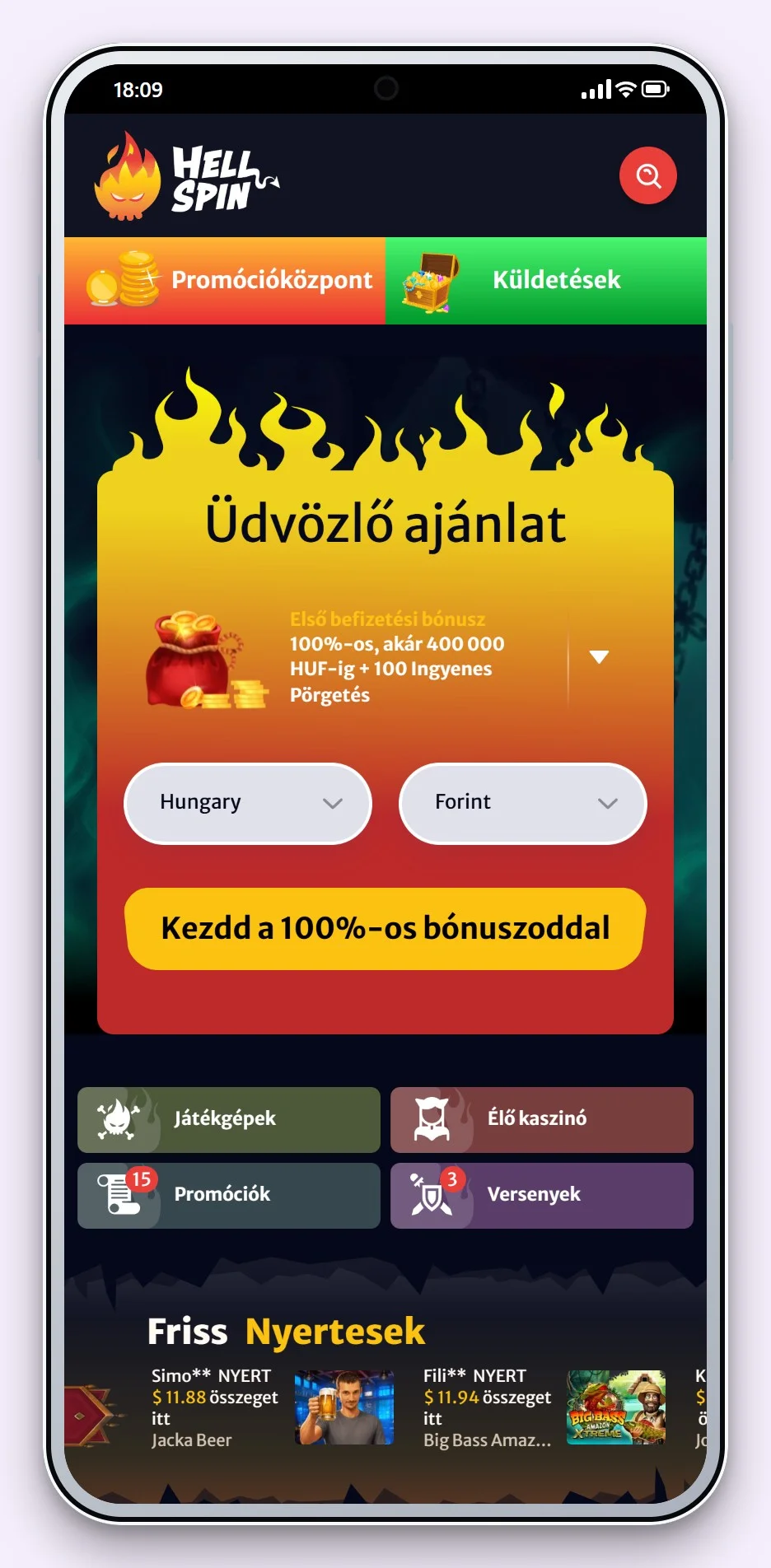 Revolut online kaszinók: HellSpin kaszinó lobbija
