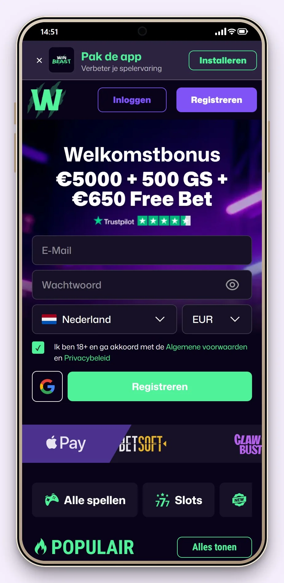 online casino revolut: de lobby van WinBeast