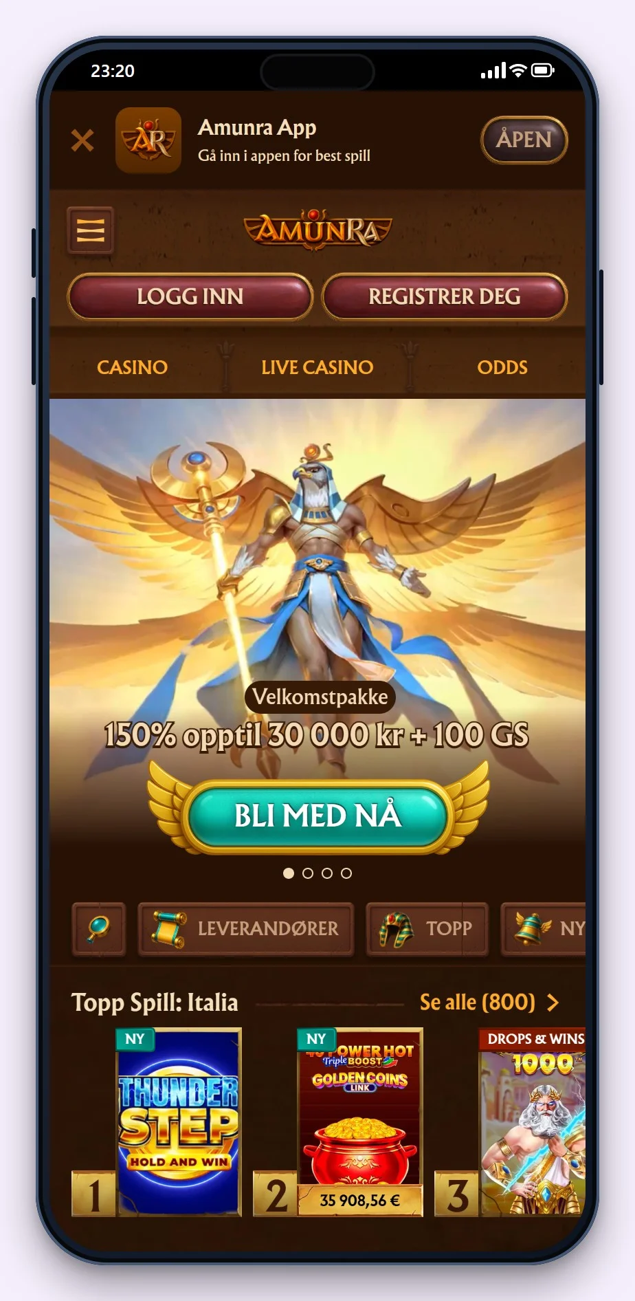 revolut casino: forsiden til casinoet AmunRa