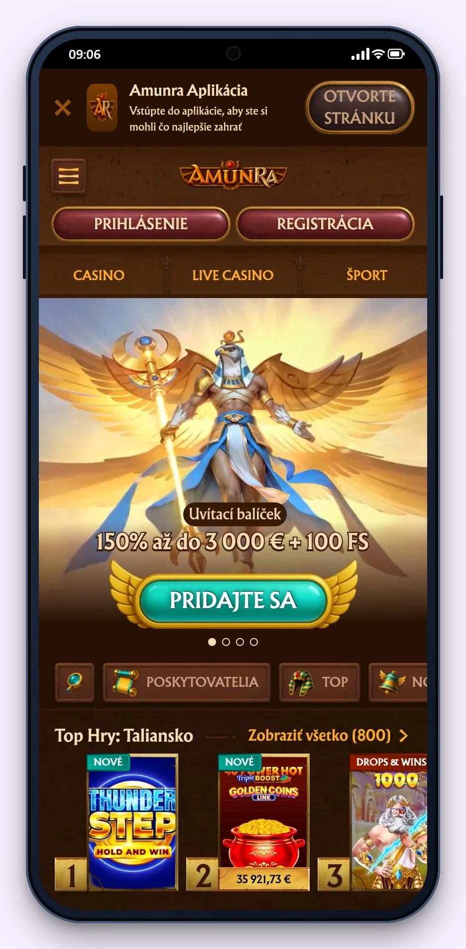 revolut casino online: úvodná stránka kasína AmunRa