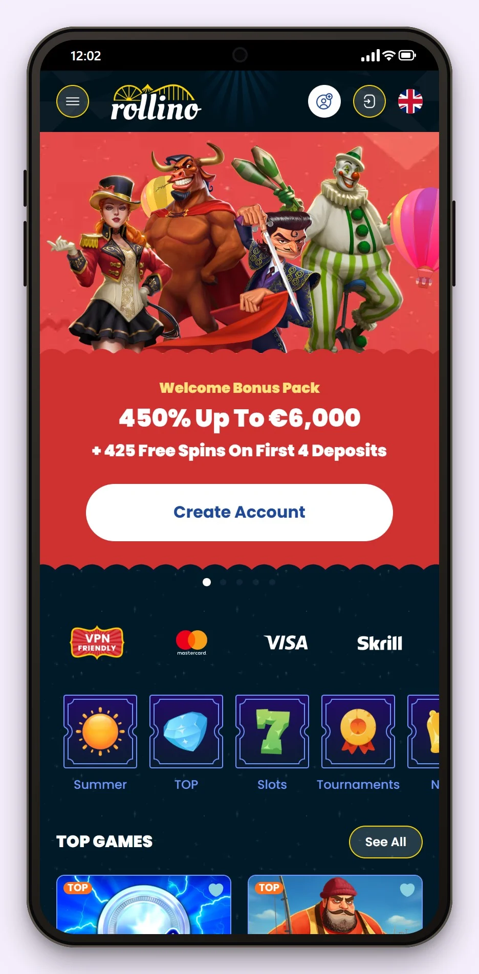casinos that accept revolut: the Rollino casino lobby